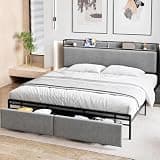 Garvee King Size Bed Frame with 2 Storage Drawers and USB Ports, Upholstered Platform Bed with Headboard, Sturdy & Noise Free, Under Bed Storage, No Box Spring Needed, Gray