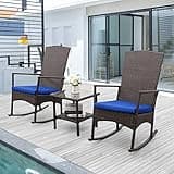 Outdoor PE Wicker Rocking Chair 3-Piece Patio Rattan Bistro Set 2 Rocker Armchair and Glass Coffee Side Table Furniture, Washable Lacing Cushion (Royal Blue)