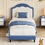 Twin Size Boucle Kids Platform Bed Frame, Adjustable RGB LED Wave Headboard