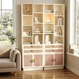 73.3" Bookcase Set of 2, Tall Bookcase with 2 Drawers & Cabinet Doors, Bookshelf with 8 Open Storage Cubes, Modern Wood Display Shelf for Living Room, Home Office, White Rattan
