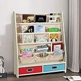 Costzon Kids Bookshelf, Wooden 4 Sling Book Shelves with 2 Pull-Out Toy Storage Boxes, Classroom Display Book Rack Organizer Furniture for Toddlers Kids Room, Nursery, Bedroom (Beige)