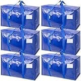 TICONN 6 Pack Extra Large Moving Bags Heavy Duty with Zippers & Carrying Handles, Durable Storage Bags Moving Boxes for Closet Organizers and Storage (6 Pack, Blue)