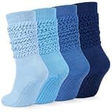 Chicingyou 4 Pairs Grip Pilates Socks for Women, Soft Non-slip Yoga Grippy Slouch Scrunch Slipper Sock for Workout Hospital(Blue Tones)
