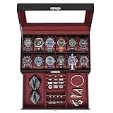 SONGMICS Watch Box, 12-Slot Watch Case Organizer with Large Glass Lid, 2 Layers, Removable Pillows, Metal Lock, Fathers Day Gift for Dad, Black Synthetic Leather, Wine Red Lining UJWB012R01