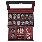 SONGMICS Watch Box, 12-Slot Watch Case Organizer with Large Glass Lid, 2 Layers, Removable Pillows, Metal Lock, Fathers Day Gift for Dad, Black Synthetic Leather, Wine Red Lining UJWB012R01