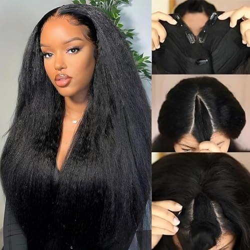 Prtyopp V Part Wig Human Hair Kinky Straight Vpart Human Hair Wig Upgrade U Part Wig Yaki Straight Clip in Half Wigs for Black Women Glueless No Leave Out 180% Density Natural Color 14 Inch