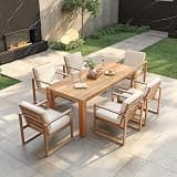 SPMETUYO Outdoor Dining Table and Chairs Set for 6 People, 7-Piece Rectangle Patio Dining Set for Garden Backyard Balcony, Weather Resistant,Acacia Wood, (Light Teak+Beige Cushion)