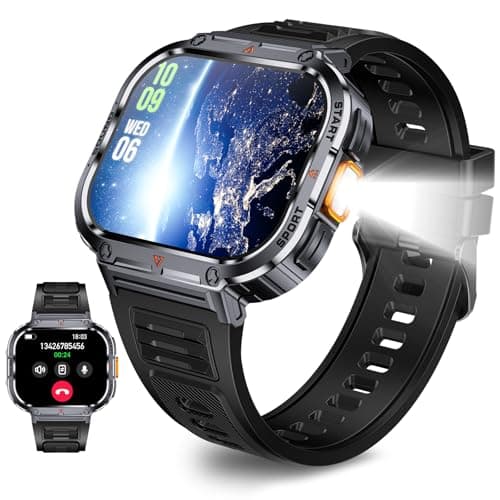 Military Smart Watch for Men with Flashlight 2.0” HD Big Screen, Rugged Smart Watch with 100+ Sports Modes 400mAh Battery Heart Rate Sleep Monitor Tactical Smartwatch for iPhone/Android Phones