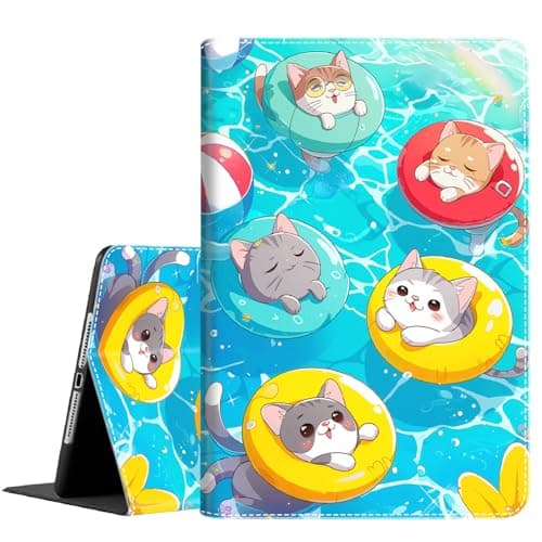 Case for iPad 10.2 2021 iPad 9th Gen / 2020 iPad 8th Gen / 2019 iPad 7th Gen, Durable Shockproof Protective Cover for 10.2", Cute Cat in Swimming Pool