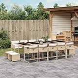 NKOPPFG 15 Piece Patio Dining Set with Cushions Beige Poly Rattan, Outdoor Dining Set with Glass Tabletop and Folding Chairs for Space-Saving Storage