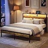Loftiage Queen Size Bed Frame with Charging Station & LED Light, Queen Bed Frame with Storage Headboard and Footboard, Noise Free & Easy Assembly, Upholstered Headboard, No Box Spring Needed
