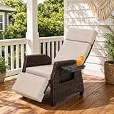 TellMagi Outdoor Recliners, Wicker Recliner for Patiow/Adjustable Back & Footrest, Simultaneous Recline, Air Pump 180° Lay Flat Reclining Chair with Flip Table and Removable Cushion, Beige