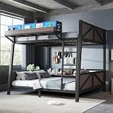 KEIKI Full Over Full Bunk Bed with Storage Shelves, LED Lights & USB Charging Ports, Heavy Duty Metal Bed Frame with Safety Guardrails, Space Saving Bed for Teens, Guest Rooms & Dormitories