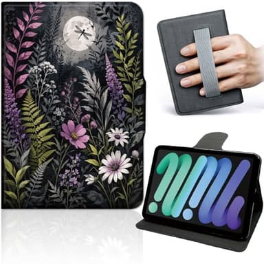 Case for iPad mini 7 (A17 Pro) 2024/ Mini 6 8.3'', 360 Rotating Stand Tablet Cover with Hand Strap, Auto Wake Sleep, Slim Protective PU Leather Case, Moonlit Dragonfly Forest