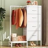 HIGDBFE Tall Dresser 44''H with Hanging Rack, 4 Drawers Small Closet Dresser for Bedroom, Reversible Fabric Chest of Drawers with Clothes Rack, Tall Storage Tower, Sturdy Frame, White