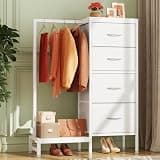 HIGDBFE Tall Dresser 44''H with Hanging Rack, 4 Drawers Small Closet Dresser for Bedroom, Reversible Fabric Chest of Drawers with Clothes Rack, Tall Storage Tower, Sturdy Frame, White