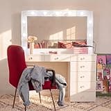 Boahaus Cleo Vanity Desk with Framed Bulb Mirror – 7 Drawer Makeup Station with Integrated Power