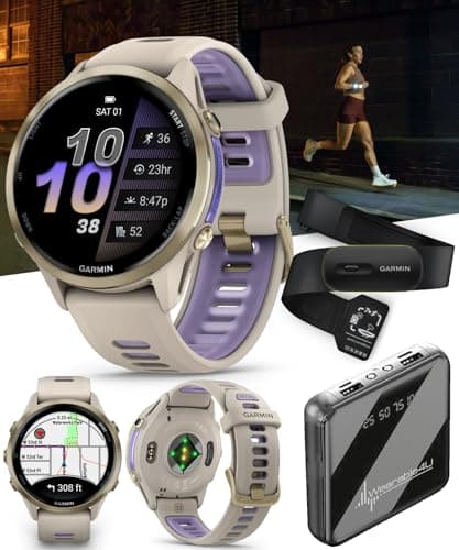 Wearable4U Garmin Forerunner 970 Soft Gold Titanium Smartwatch with French Gray Case and French Gray/Translucent Indigo Band, AMOLED Display with Garmin HRM 600 M-L Power Bank Bundle