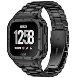 BAITEYOU Stainless Steel Watch Band with Case Compatible for Fitbit Versa 4 3 2 1 Lite,Fitbit Sense 2/Sense Bands, Rugged Protective Bumper Metal Wristbands for Men Black
