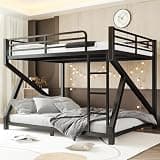 Bellemave Queen Over Queen Bunk Bed with Ladder, Heavy Duty Metal Bunk Bed Queen with Upgraded Slats, Low Profile Bunk Beds for Adults Kids, No Box Spring Needed, Black