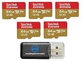 SanDisk 64GB Micro Extreme Memory Card (5 Pack) Compatible with DJI Drone Series Air 2S, Air 2, Mini, Mini 2, Mavic 2 (SDSQXAH-064G-GN6MN) Bundle with (1) Everything But Stromboli MicroSD Card Reader