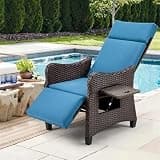 HOMREST Outdoor Recliner Chair with Flip-up Table, Rattan Armchair with 150° Adjustable Backrest, Wicker Chaise Lounge with Integrated Footrest, Removable Cushion for Garden, Navy Blue