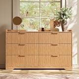RELAXBAYS Low Dresser for Bedroom, Fluted 6 Drawer Chest of Drawers, Modern Horizontal Dresser, 47" Wide Wooden TV Stand Top, Storage Cabinet for Living Room Hallway Entryway, Natural Oak
