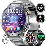 LIGE Military Smart Watch for Men, 1000mAh Battery, LED Flashlight/1.85'' HD Smartwatch, 100 Sports Modes, IP68 Waterproof Fitness Tracker, 3 Bands, USB & Type-C Charger for Android iOS, Dark Grey