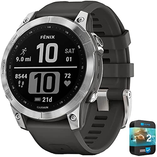Garmin 010-02540-00 Fenix 7 Smartwatch Silver with Graphite Band Bundle with 2 YR CPS Enhanced Protection Pack (Renewed)