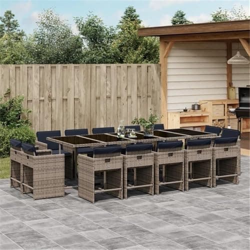 Afuera Living Contemporary 14 Piece Patio Dining Set, Poly Rattan, Gray Finish, UV-Resistant with Cushions, Foldable Chairs and Tempered Glass Table, Modern Outdoor Furniture for Patio or Garden