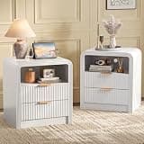 Decofy Fluted Nightstand with Charging Station, Set of 2, 19.7'' End Table with USB & Type-C Ports, 2 Drawers & Open Shelf, Curved Profile Design, Modern Wood Bedside Table for Bedroom (Pure White)