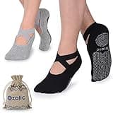Ozaiic Pilates Socks for Women Non Slip Grip, Yoga Socks with Grippers for Barre, Hospital, Ballet, Dance, Barefoot Workout (2 Pairs- Black/Gray, one_size)