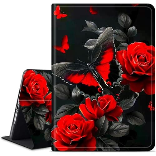 Dikoer for iPad Pro 12.9 Inch (6th/5th Generation 2022/2021) iPad Air 13 Inch (M3/M2, 2025/2024) Tablet Case, Slim Kickstand Stand Leather Smart Cover with Auto Wake/Sleep, Red Rose Butterfly