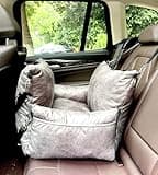 Alansma Portable Car Dog Crate Detachable Seat Belt Fastening Car Dog Kennel Seats Suitable for Small and Medium-Sized Dogs and Cats, Grey, Medium