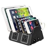 UDOLI 5 USB Ports Charging Station Organizer for Multiple Devices Fast Charging Desktop Stand for Apple Android Phone Tablet 1600W 2 AC Power Outlets Charger Dock for Home Office 3 Prong Cord Black
