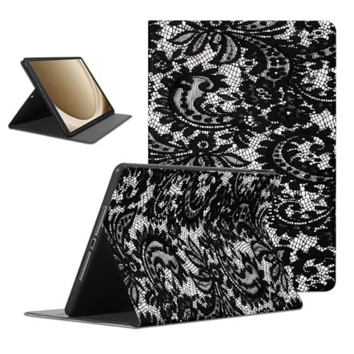 Aesthetics Black Lace Tablet Case for Samsung Galaxy Tab A9+ 11" SM-X210/X215/X216,Flower Pattern for Women Men Teens Protective Cover Flip PU Leather Stand Funda