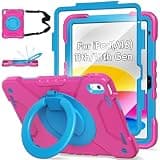 HRFSK Case for iPad (A16) 11th/10th Generation 11/10.9 Inch 2025/2022 with Screen Protector/360° Rotate Stand/Pencil Holder/Shoulder Strap, Shockproof iPad 11th/10th Gen Cover (Rose Red+Blue)