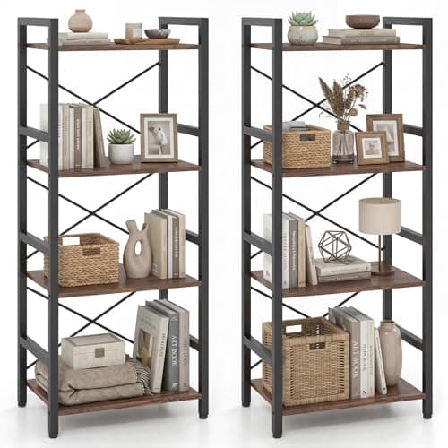 Tangkula 3-Tier Industrial Bookshelf, 16.5" Width Wooden Open Bookcase with Metal Frame, Freestanding Display Shelf Storage Organizer for Home Office, Living Room (2, Rustic Brown, 16.5” x 11” x 40”)