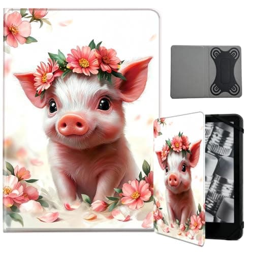 NLZQTTBD Universal Case for 6-7 Inch Tablet eReader - Premium PU Leather Cover,Compatibility 6",6.8",7" Case for Kindle/Kobo/Nook/Tolino/Pocket Book E-Book Tablet - Cute Pig Flower
