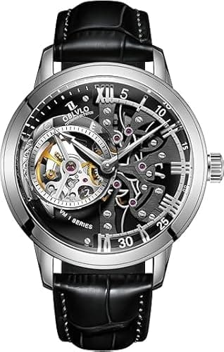 OBLVLO Retro Sport Men Skeleton Automatic Watch Mechanical Brown Calfskin Strap Mineral Crystal Glass Waterproof Clock White Dial 45mm VM (VM-SWSO)