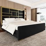 Uteeran King Bed Frame with 55.12" Tall Headboard, Modern Luxury Velvet Upholstered Platform Bed with Gold Trim, Wide Wingback Design,No Box Spring Needed, Easy Assembly, Noise-Free, Black