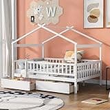 Klaczituj Full Size Wooden House Bed with Two Drawers, White