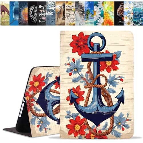 BWOOLL for iPad 9.7 2018/2017 Case, iPad Air/Air 2 Case, Premium PU Leather Folding Stand Folio Cover with Auto Wake/Sleep for Apple iPad 6th/5th Gen, Nautical Anchor and Flowers