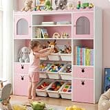 Boesat 46.46" H Kids Toy Storage Organizer,Toy Chest with Book Shelf,Toy Bins,Storage Cubbies,Drawer and Rolling Cubbies,Easy Access and Clean,Space Saving for Playroom,Bedroom,Living Room (Pink)