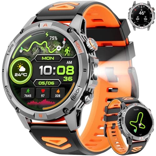 Smartwatch Men's GPS, 1.46 Inch HD Men's Military Smart Watch, LED Torch, Compass, 100+ Sports Modes, Fitness Watch, IP68 Waterproof Round Sports Watch, Fitness Tracker Watch for iOS Android (Black)