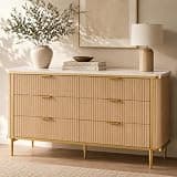 OneBlis 55.1" W 6 Drawer Dresser for Bedroom, Modern Fluted Wood Dresser with Marble-Look Top and Gold Accents, Double Chest of Drawers Storage Cabinet for Closet, Living Room, Entryway, Natural Oak