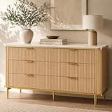 OneBlis 55.1" W 6 Drawer Dresser for Bedroom, Modern Fluted Wood Dresser with Marble-Look Top and Gold Accents, Double Chest of Drawers Storage Cabinet for Closet, Living Room, Entryway, Natural Oak