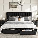 IDEALHOUSE King Bed Frame with Wingback Headboard, Velvet Upholstered Platform Bed with 2 Storage Drawers, Vertical Tufted Headboard Design, Wooden Slats Support, No Box Spring Needed, Black