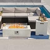 SUNBURY Outdoor 42 Inch Propane Fire Pit Table, Rectangle Fire Table w Tank Table, 40,000 BTU Spotted White Patio Gas Fire Table w Glass Wind Guard, Waterproof Cover, Lava Rocks