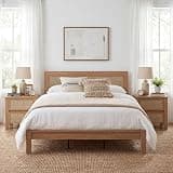 XIAO WEI Boho King Wood Bed Frame with Tall Rattan Headboard, Wooden Support Slats, Noise-Free, No Box Spring Needed/Easy Assembly/Under Bed Storage